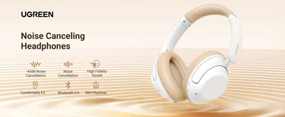 UGREEN - Audífonos Inalámbricos, HiTune Max5, Bluetooth, 3.5mm, Sonido Hi-Res, Cancelación Activa de Ruido (ANC) de hasta 43dB. Color Beige. - Image 4
