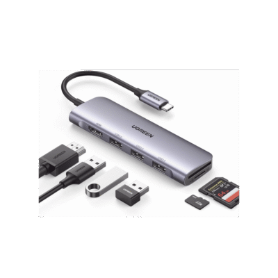 UGREEN - HUB USB-C (Docking Station) 6 en 1, HDMI 4K@30Hz, 3 Puertos USB 3.0, Lector Tarjeta SD + Micro SD (TF).
