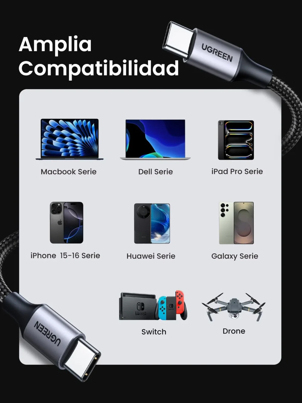 UGREEN - Cable USB-C a USB-C 1M, 60W PD Carga Rápida 20V 3A, Compatible con iPhone 16 15 Pro Max, Galaxy S25 S24 S23 S22, Macbook Pro 2024 2023, Air, iPad Pro 2024, Pixel 9 8 7 - Image 2