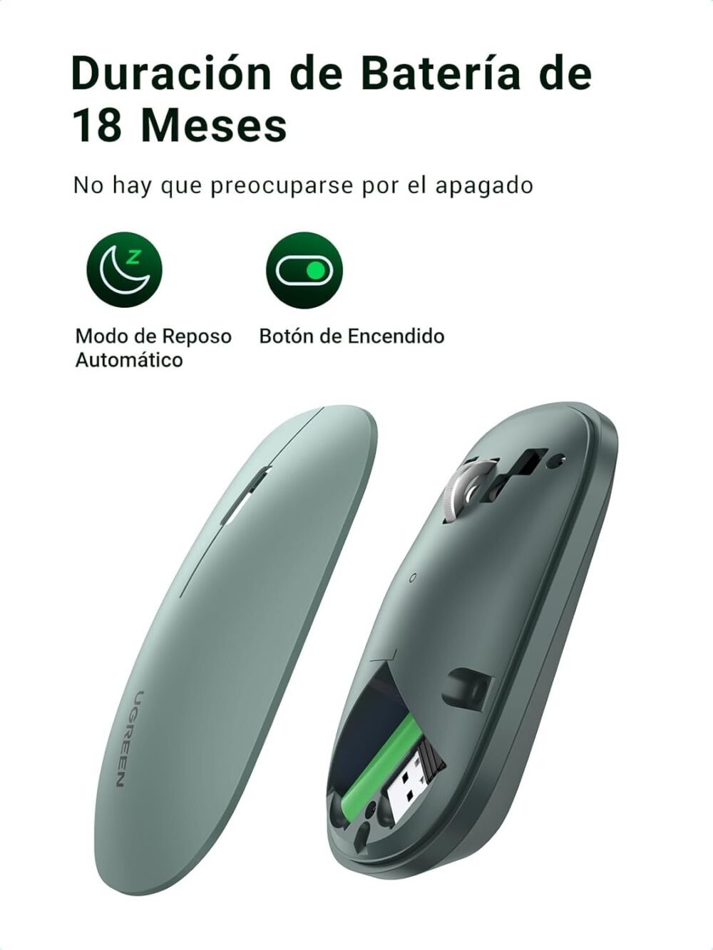 UGREEN - Mouse inalámbrico 2.4 GHz, Ultra Delgado y Silencioso, DPI 1000/1600/2000/4000 (Ajustable), Alcance 10m, Scroll de Aluminio, Contiene Receptor USB , Color Verde - Image 2