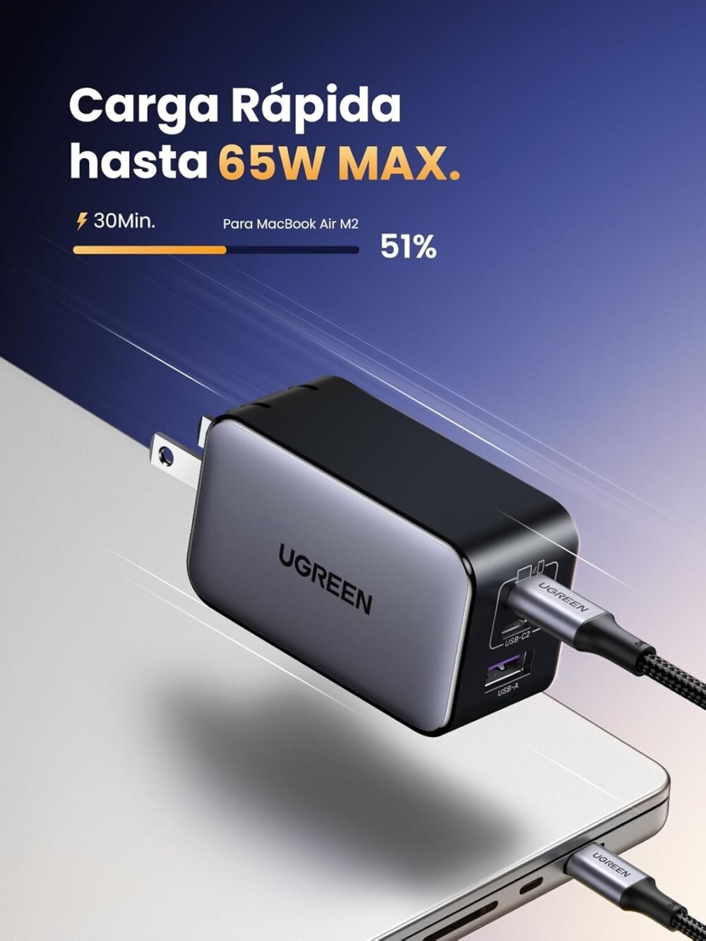 UGREEN - Cargador de 65W serie Nexode S, 3 Puertos de Carga Rápida, 2 USB-C, 1 USB-A, Tecnología GaN II - Image 4
