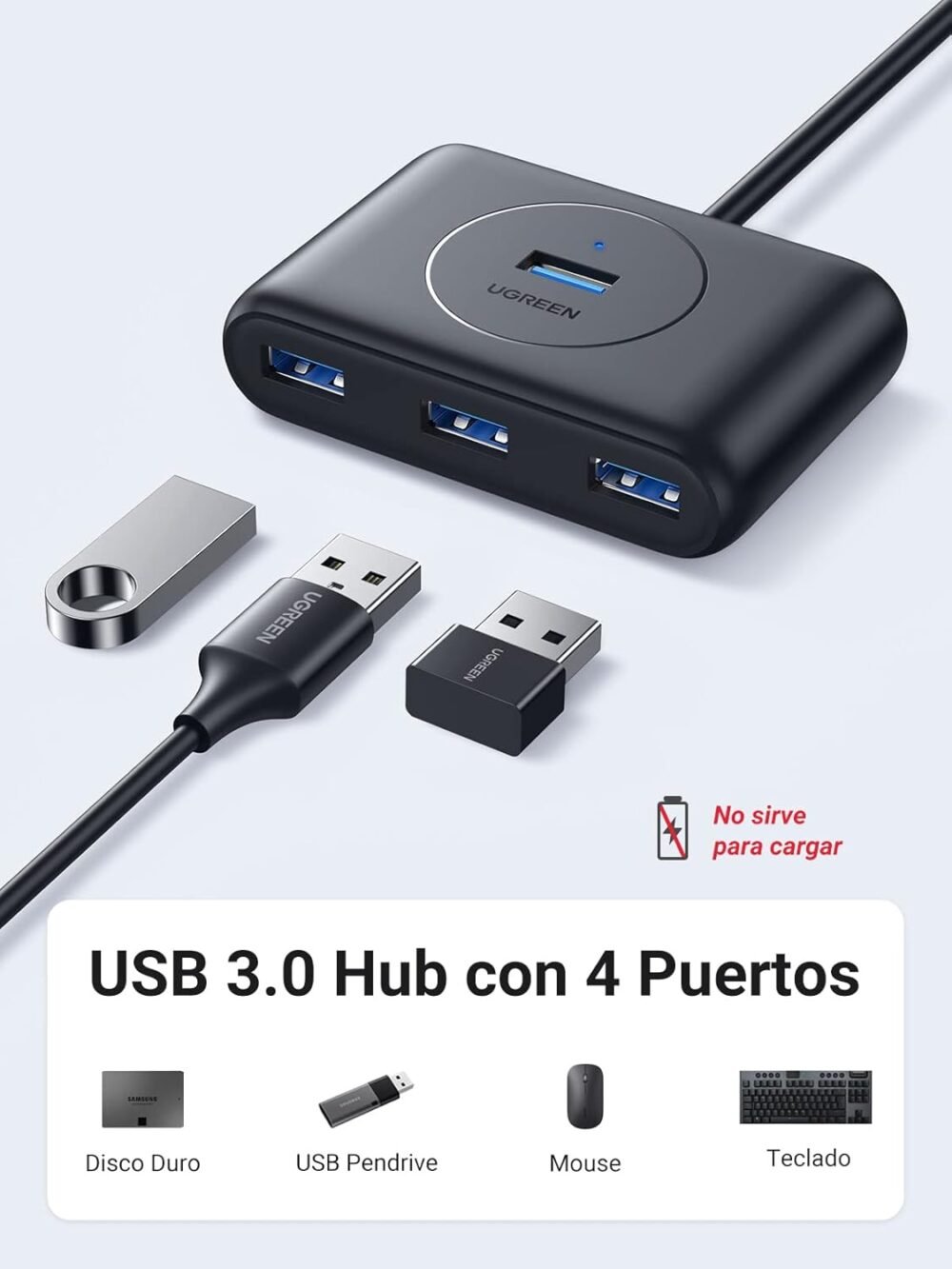 UGREEN - HUB USB-A 3.0 4 en 1, 4 Puertos USB-A 3.0 (5Gbps), Entrada USB-C (PD 5V2A), Cable de 1 Metro, Indicador Led - Image 4