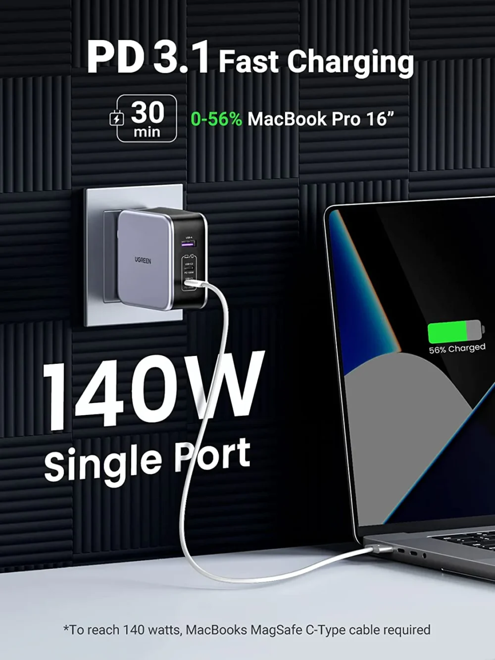UGREEN - Cargador de 140W Nexode USB-C 3 Puertos de Carga Rápida 2 USB-C 1 USB-A Tecnología GaN II +SIC | PD3.1 / QC4.0 - Image 2