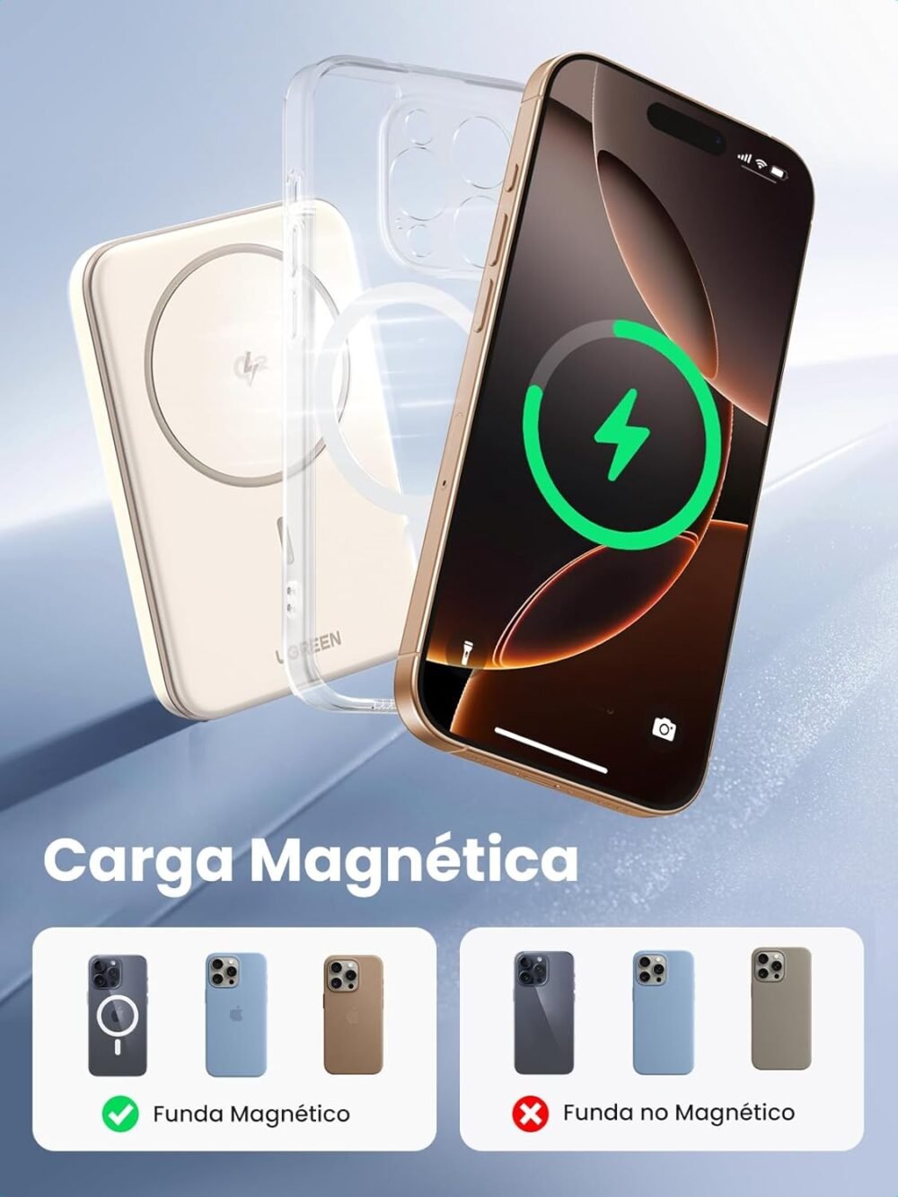 UGREEN - Power Bank MagSafe de 5000mAh, 15W, Carga Inalámbrica y por Cable USB-C, Color Beige. - Image 2