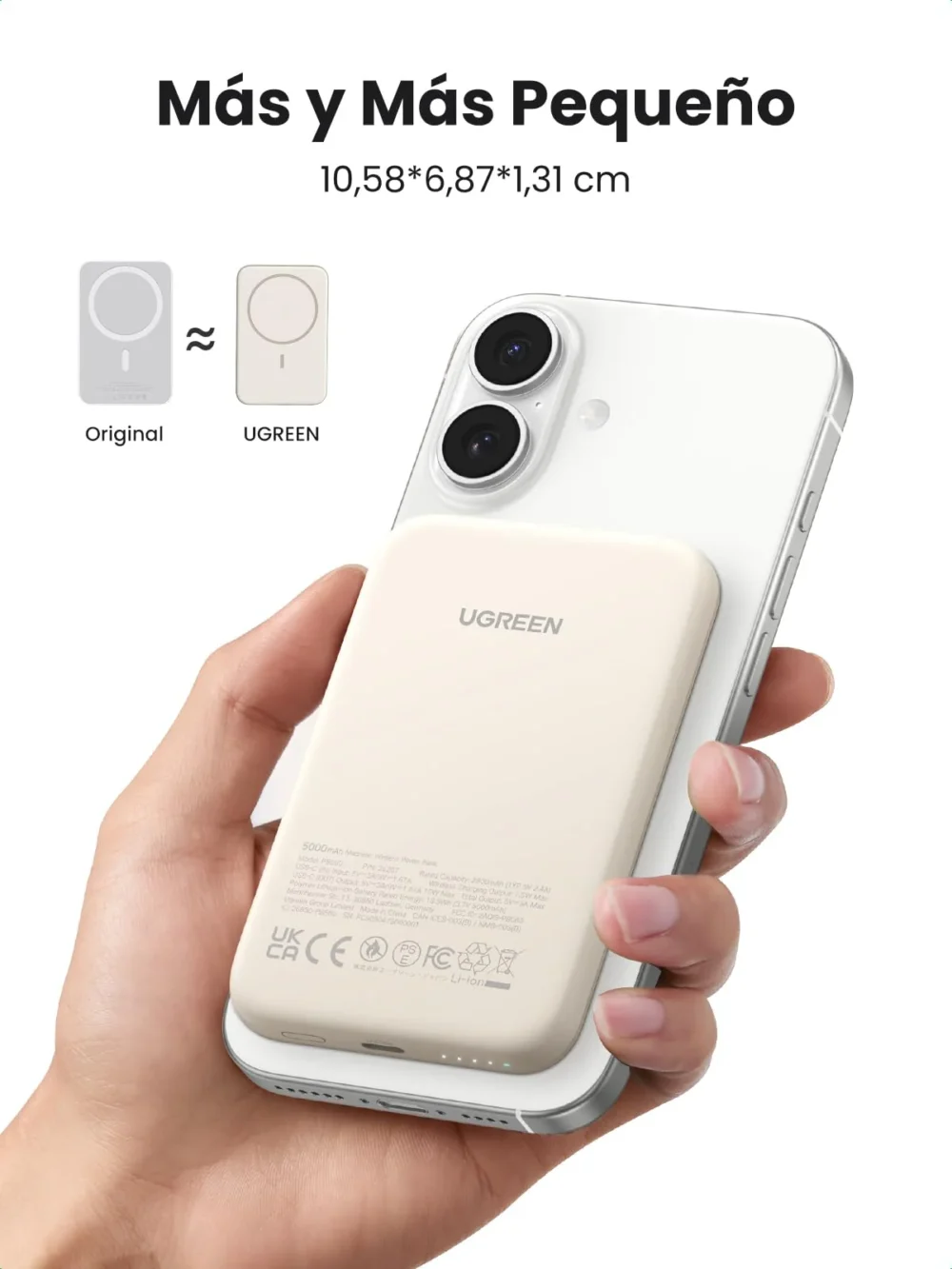 UGREEN - Power Bank MagSafe de 5000mAh, 15W, Carga Inalámbrica y por Cable USB-C, Color Beige. - Image 4