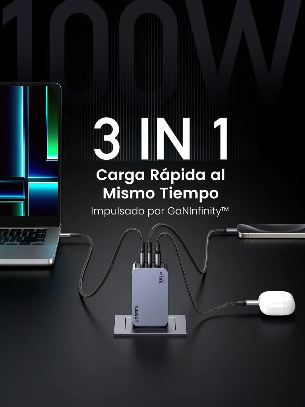 UGREEN - Nexode Pro 100W Cargador Tipo C con Cable 1.5M,3 Puertos Carga Rápida Compatible con MacBook Pro/Air, DELL XPS, iPad Pro, iPhone 16 15, Galaxy S24 y Más - Image 3