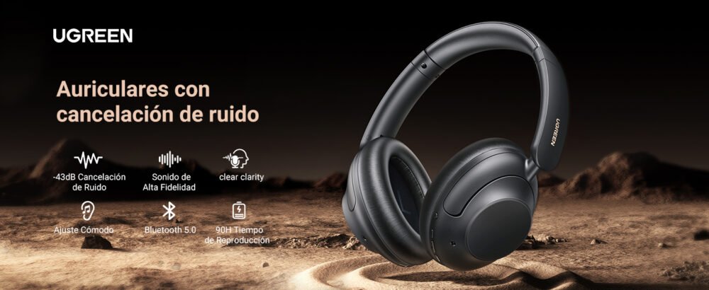 UGREEN - Audífonos Inalámbricos, HiTune Max5, Bluetooth, 3.5mm, Sonido Hi-Res, Cancelación Activa de Ruido (ANC) de hasta 43dB. Color Negro. - Image 2