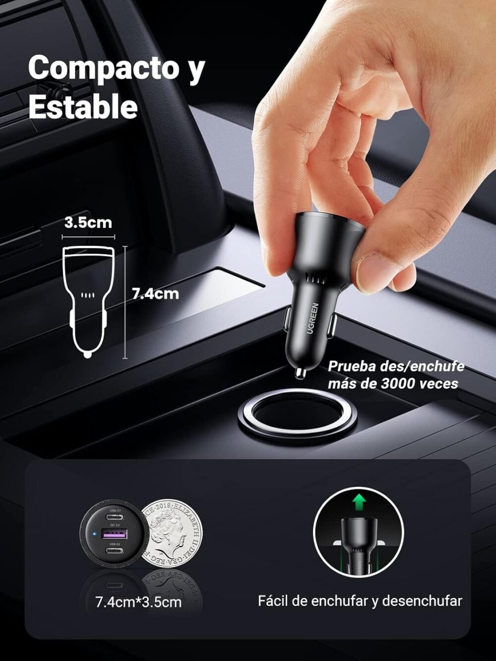 UGREEN - Cargador de Auto de 69W, 2 Puertos USB-C, 1 Puerto USB-A, Compatible con Vehículos de 12 y 24 VCD, Chip Inteligente, Diseño Compacto - Image 4