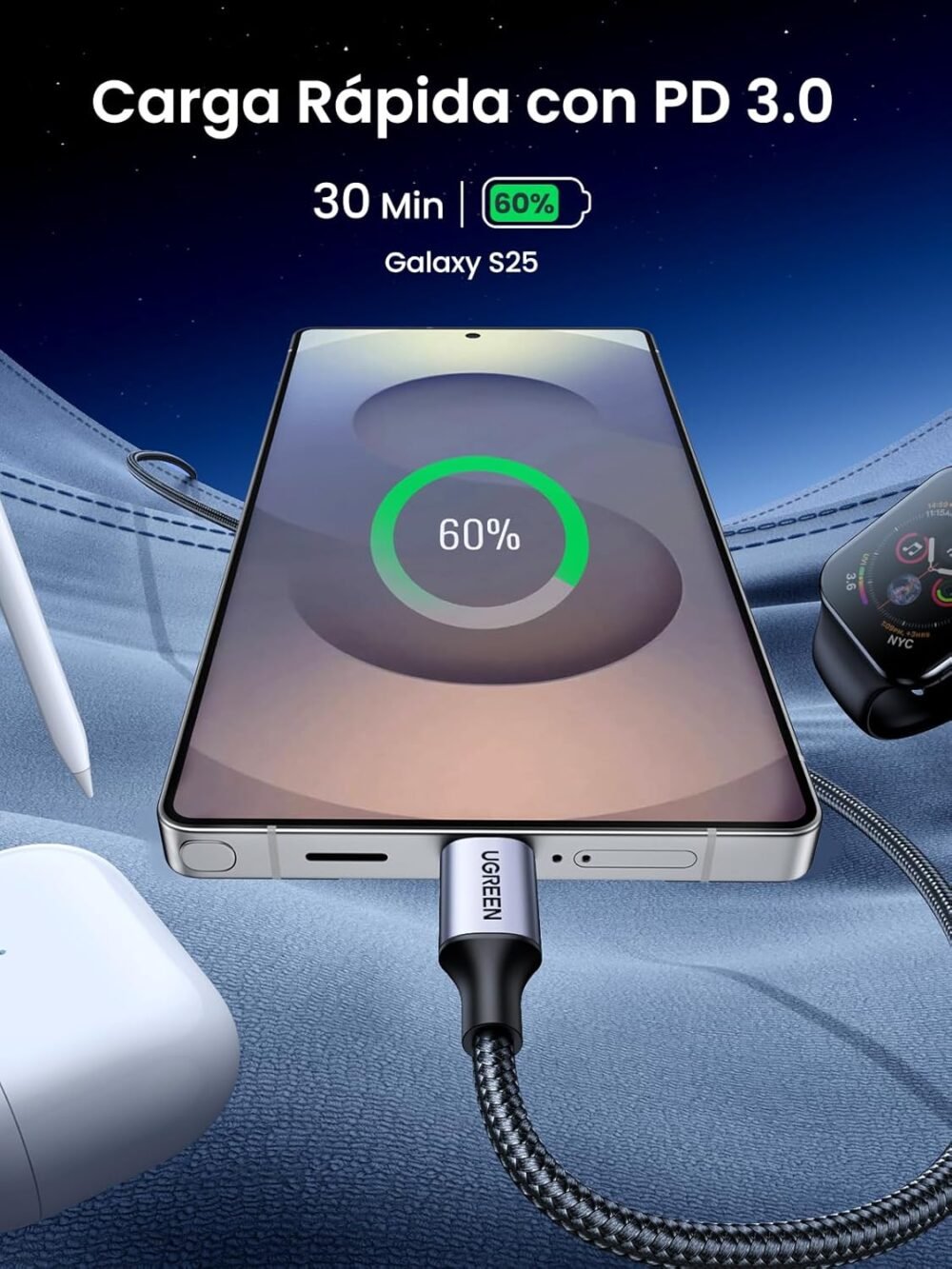 UGREEN - Cable USB-C a USB-C 1M, 60W PD Carga Rápida 20V 3A, Compatible con iPhone 16 15 Pro Max, Galaxy S25 S24 S23 S22, Macbook Pro 2024 2023, Air, iPad Pro 2024, Pixel 9 8 7 - Image 3
