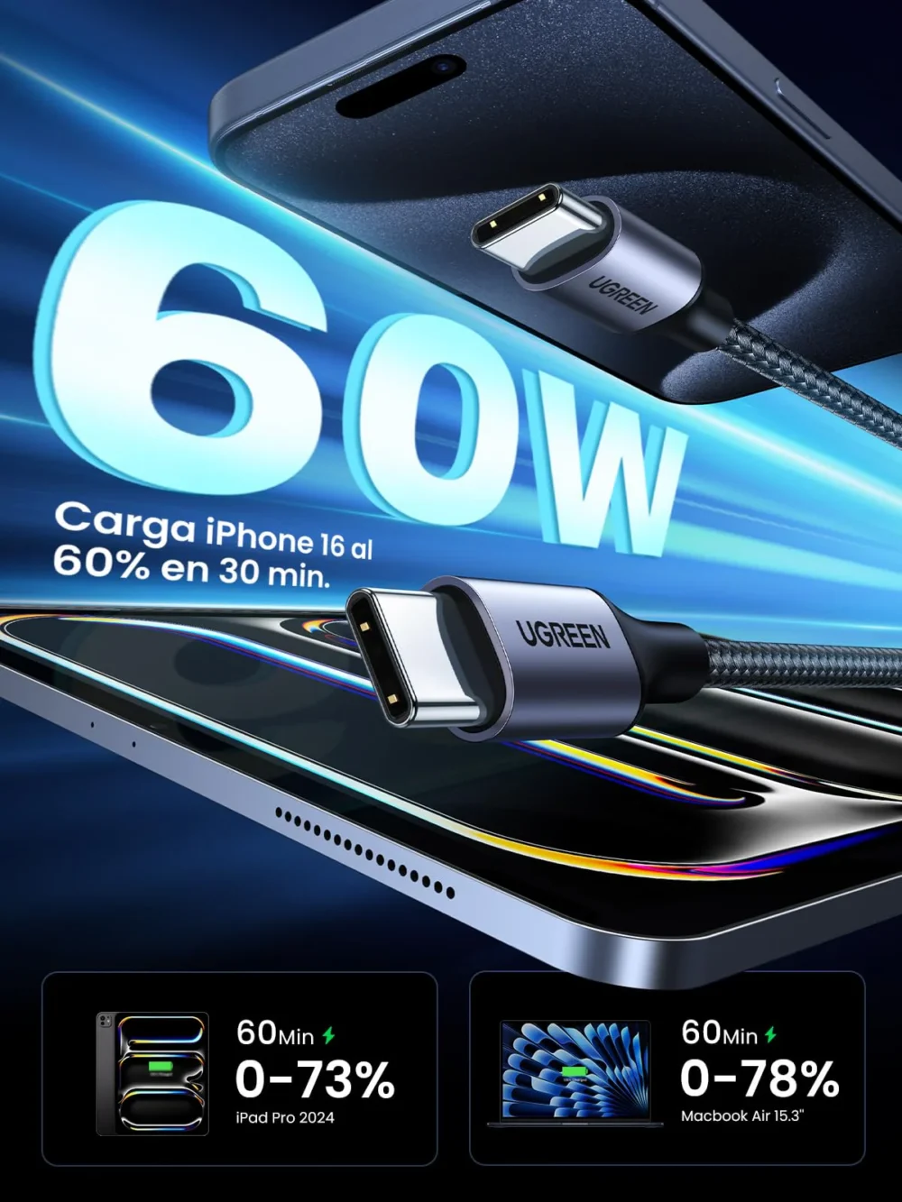 UGREEN - Cable USB-C a USB-C 1M, 60W PD Carga Rápida 20V 3A, Compatible con iPhone 16 15 Pro Max, Galaxy S25 S24 S23 S22, Macbook Pro 2024 2023, Air, iPad Pro 2024, Pixel 9 8 7 - Image 4