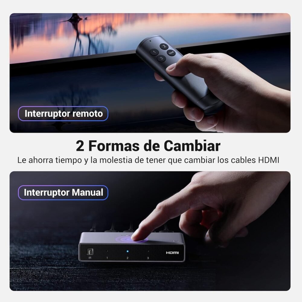 UGREEN - HDMI 2.1 Switch 8K@60Hz 3 Entradas 1 Salida, Mando a Distancia Soporta 3D HDR HDCP 2.3 - Image 3