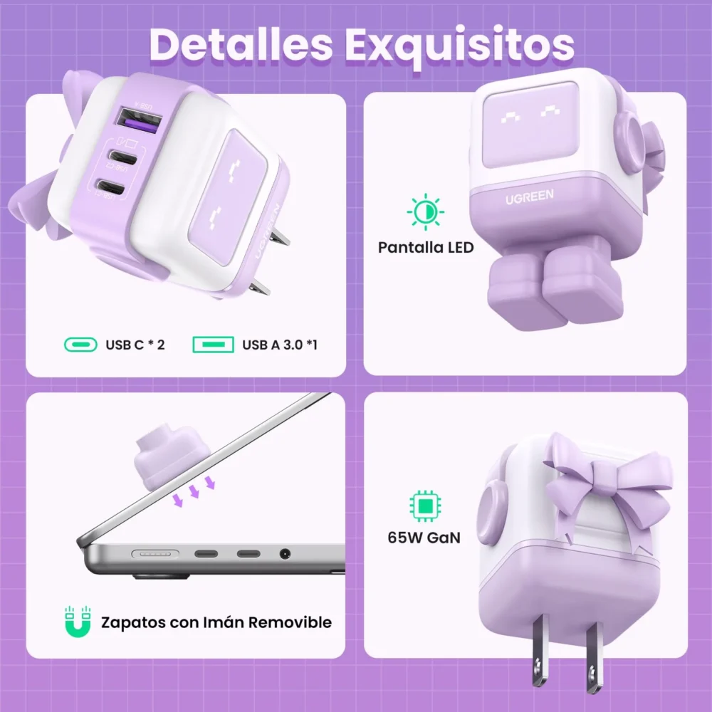 UGREEN - Serie Uno 65W Cargador Tipo C, Nexode USB C Pantalla LED con 3 Puertos, Carga Rápida, Color Lila - Image 4