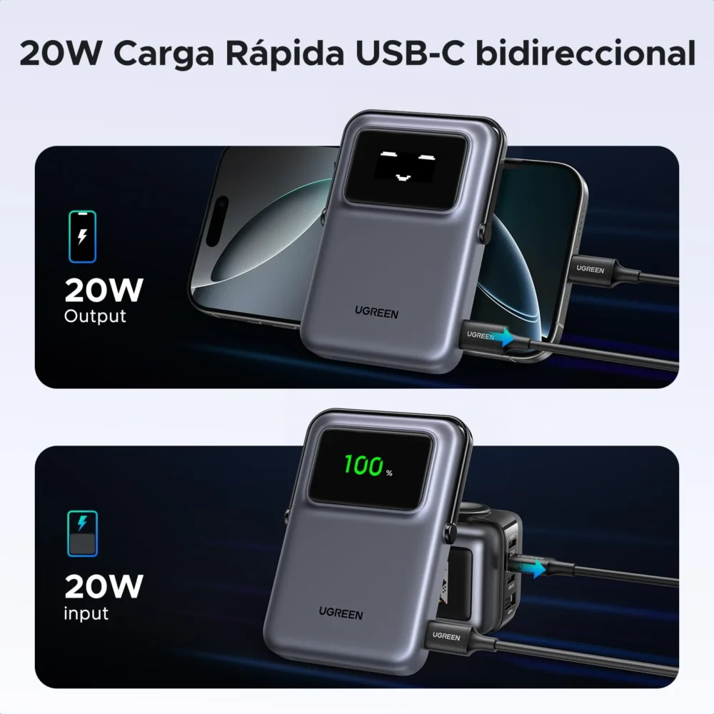 UGREEN - Power Bank Serie UNO Inalambrico, 10000mAh, 7.5W/20W, Con Emojis de Estado, Carga Rápida USB-C Bidireccional - Image 4