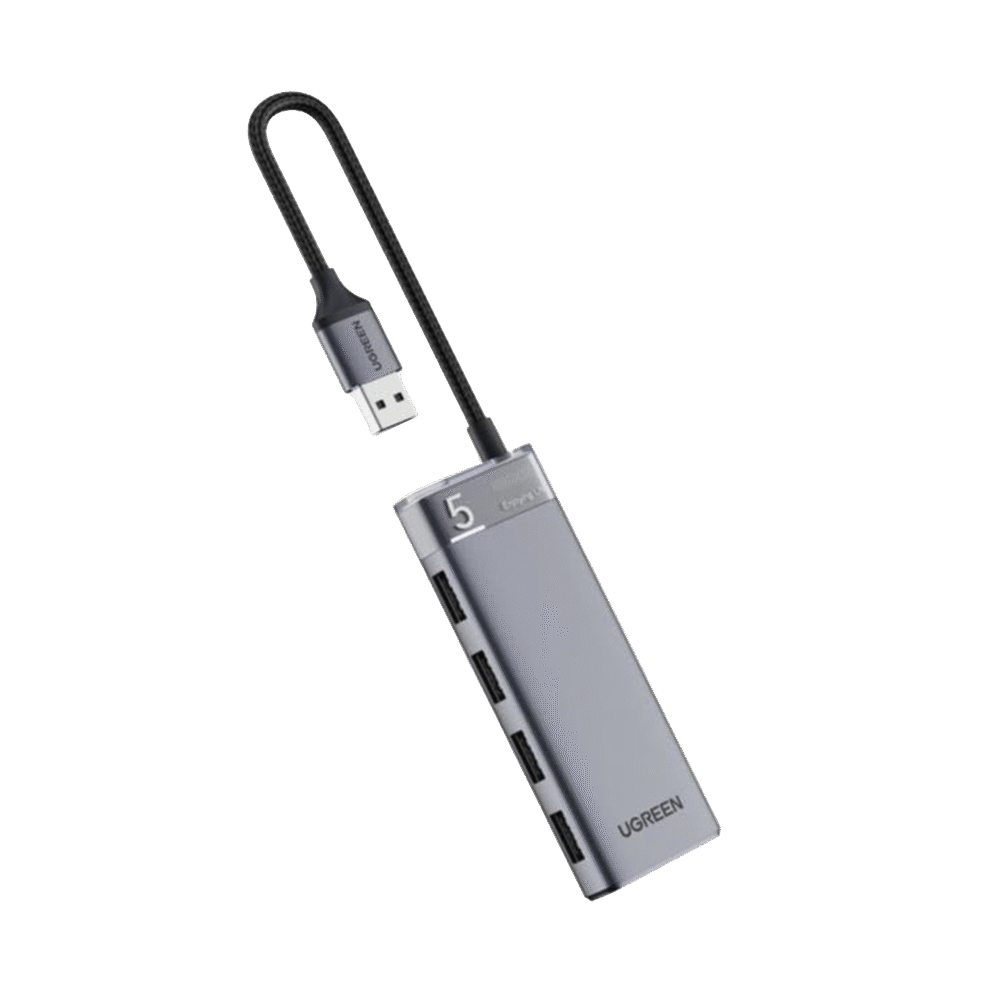 UGREEN - HUB USB-A 3.2 Gen1 4 EN 1 | 4 Puertos USB-A (5Gbps) | Carcasa ABS + PC | Soporta OTG | Luz Indicadora LED | Cable de Nylon Trenzado de 20cm (Mas de 20000 flexiones) | Interfaz Niquelada | Color Gris Metalizado.