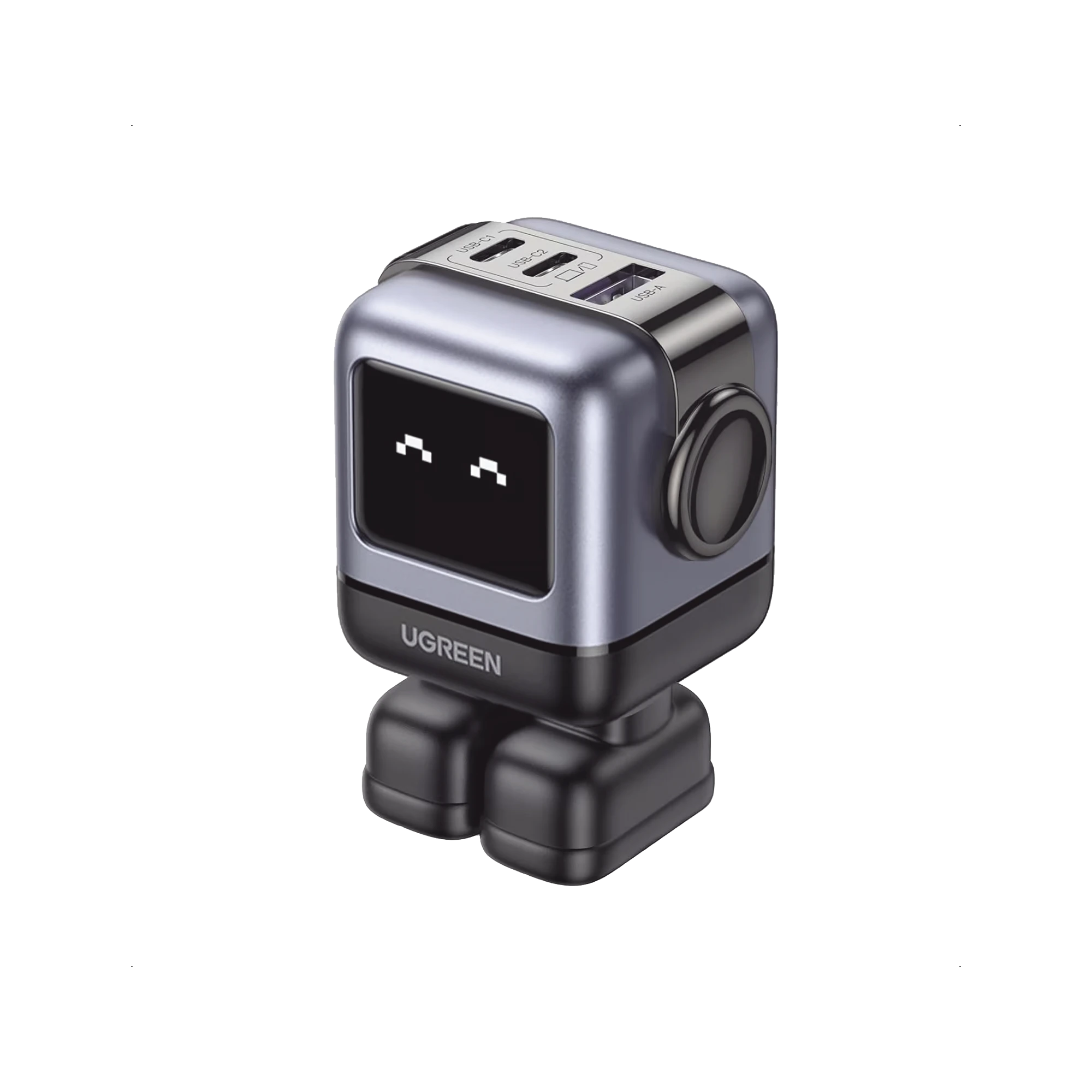 UGREEN - Cargador RobotGaN de 65W Serie UNO | 3 Puertos de Carga Rápida | 2 USB-C | 1 USB-A | PD 3.0 | QC 4.0 | Carga Inteligente | Tecnología GaN II | Zapato Magnético Extraíble | Carcasa Ignífuga | Pantalla LED