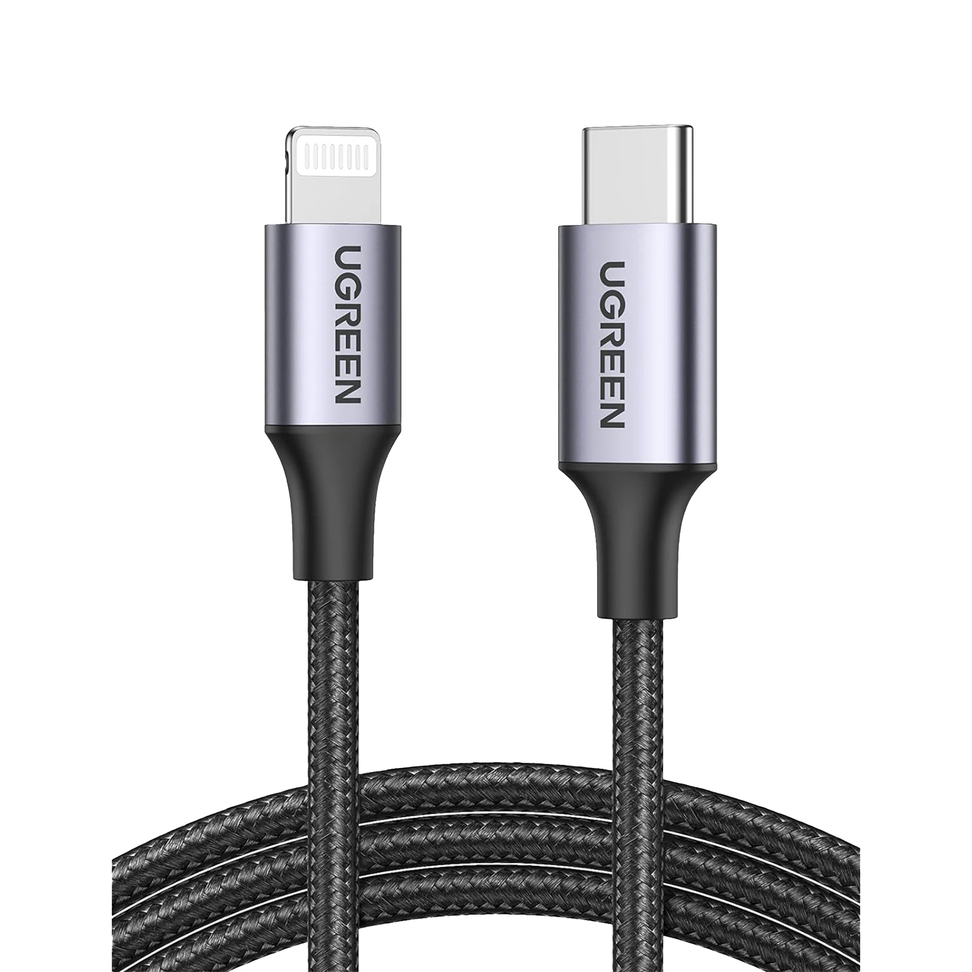 UGREEN - Cable USB-C a Lightning | 2 Metros (6.56 Pies) | Certificado MFi | Carga Rápida 60W | 480 Mbps | Conector C94 | Adecuado para iPhone, iPad y iPod | Protección Integrada | Caja de Aluminio | Nylon Trenzado | Color Negro