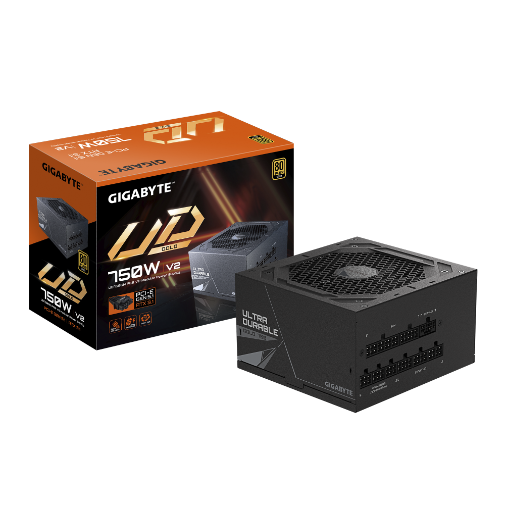GIGABYTE - Fuente de Poder UD750GM PG5 V2 80 PLUS Gold ATX, Modular, 24-pin ATX, 12VHPWR, 120mm, 750W