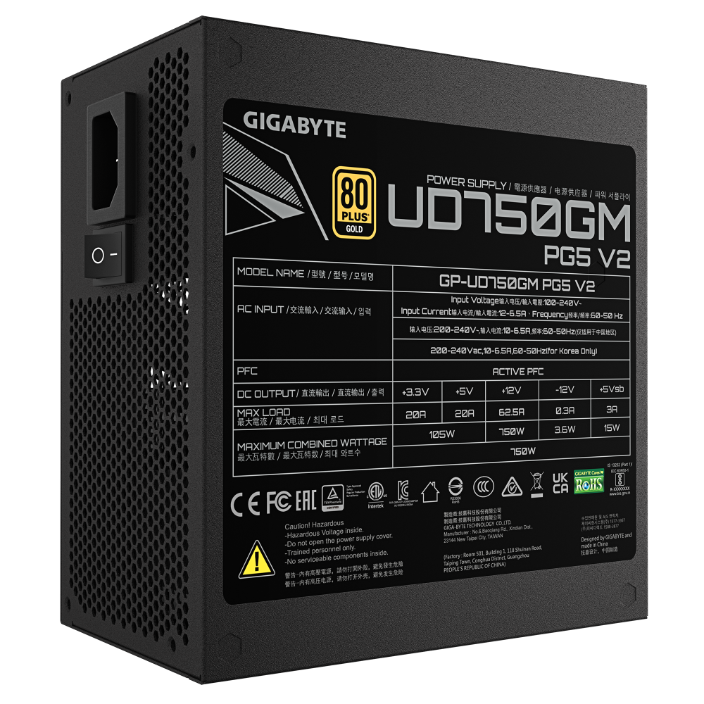 GIGABYTE - Fuente de Poder UD750GM PG5 V2 80 PLUS Gold ATX, Modular, 24-pin ATX, 12VHPWR, 120mm, 750W - Imagen 3